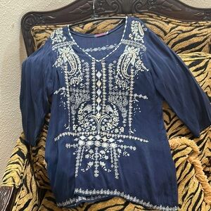 Johnny Was Blue and White 3/4 Sleeve Blouse Size M